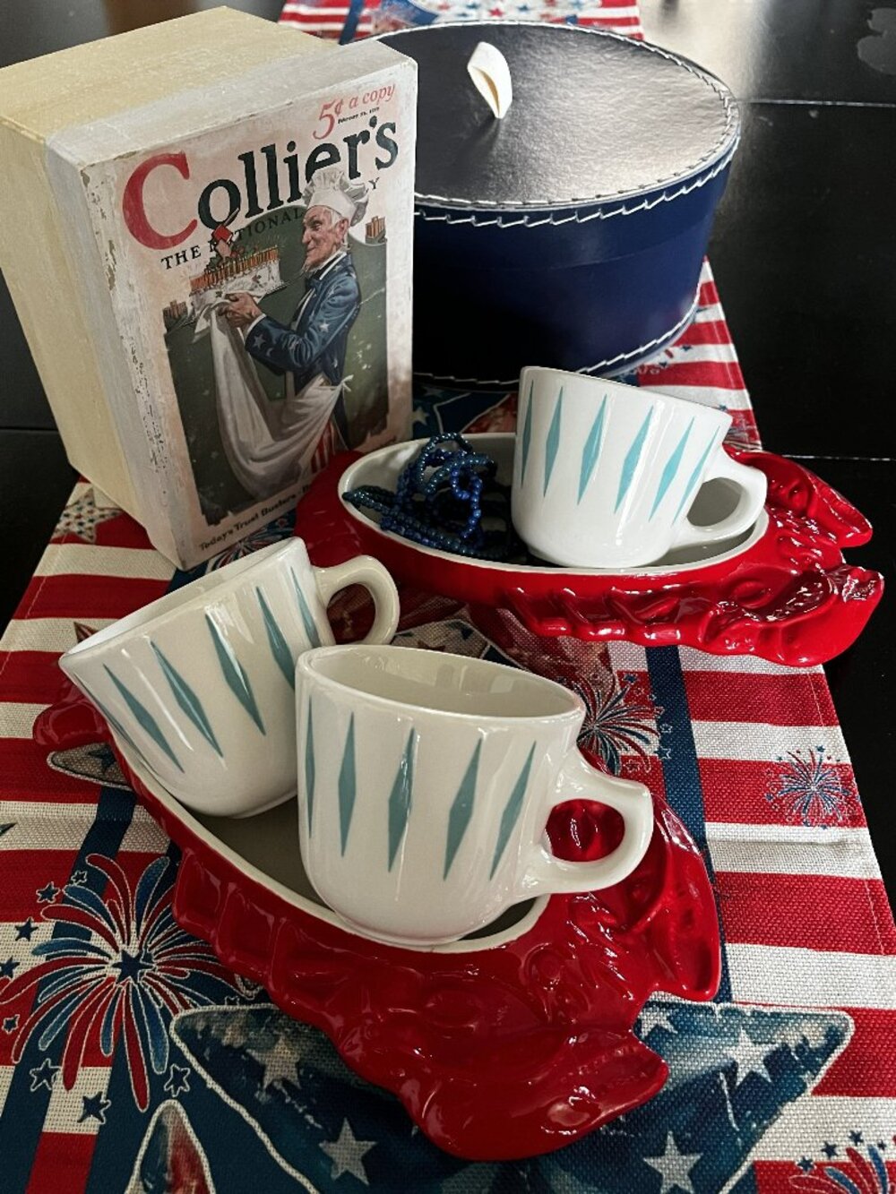 Set of 3 Homer Laughlin 1963 Restaurant Ware Coffee Cups Turquoise Harlequin